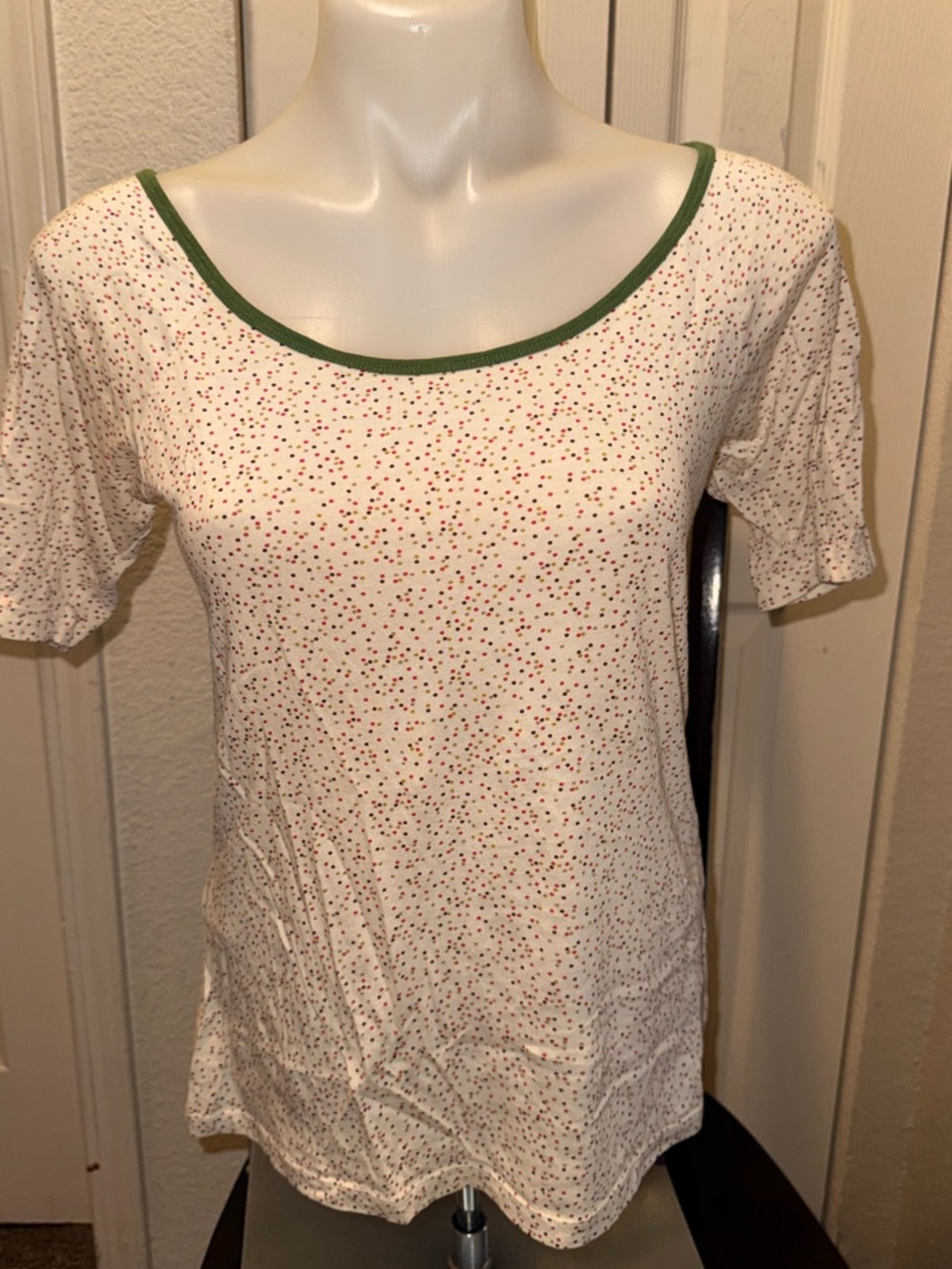 Target White Short Sleeve Scoop Neck Tee with Green Trim and Red Dot Print